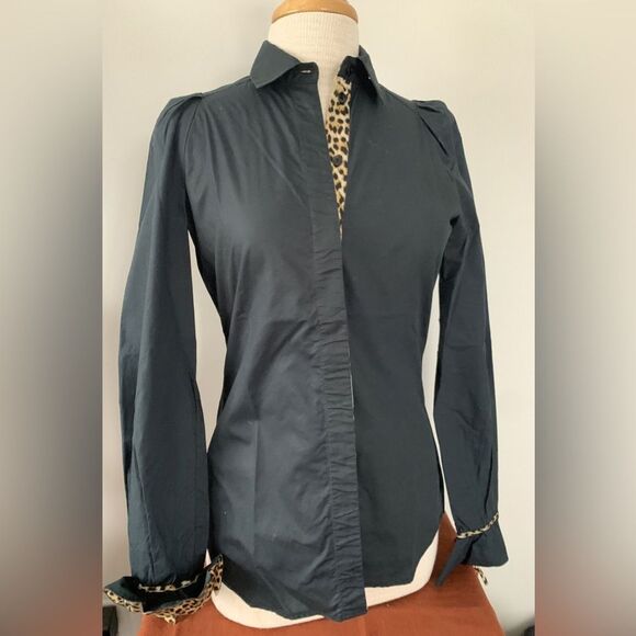 Just Cavalli Black Cotton Shirt With Leopard Pattern Trimming Size 44/8 - Picture 15 of 16